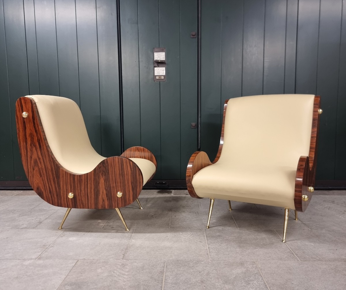 Pair Of Vintage Art Deco Style Armchairs Canaletto Walnut Armrests-photo-4