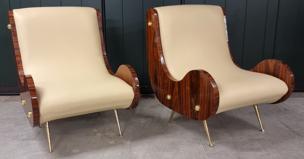 Pair Of Vintage Art Deco Style Armchairs Canaletto Walnut Armrests-photo-5