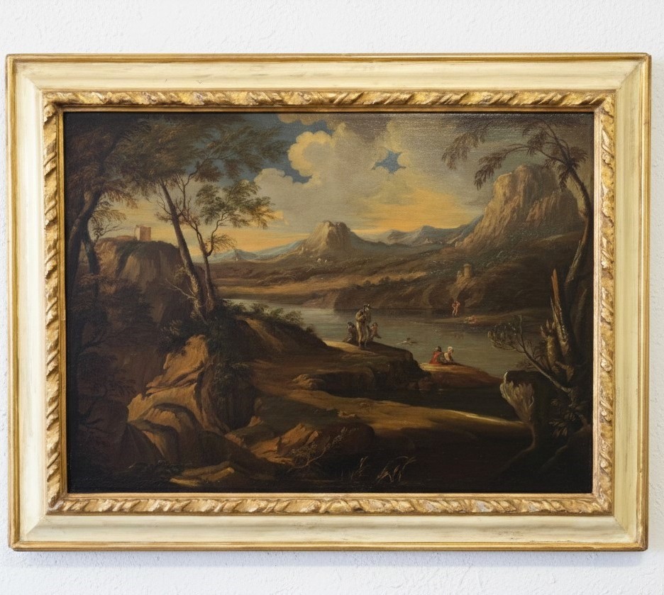Huile sur toile de 1720 Paysage avec personnages Andrea Locatelli 1695-1741