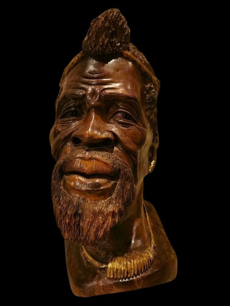 Large 19th Century Wooden Sculpture: African Head With Golden Decor-photo-2