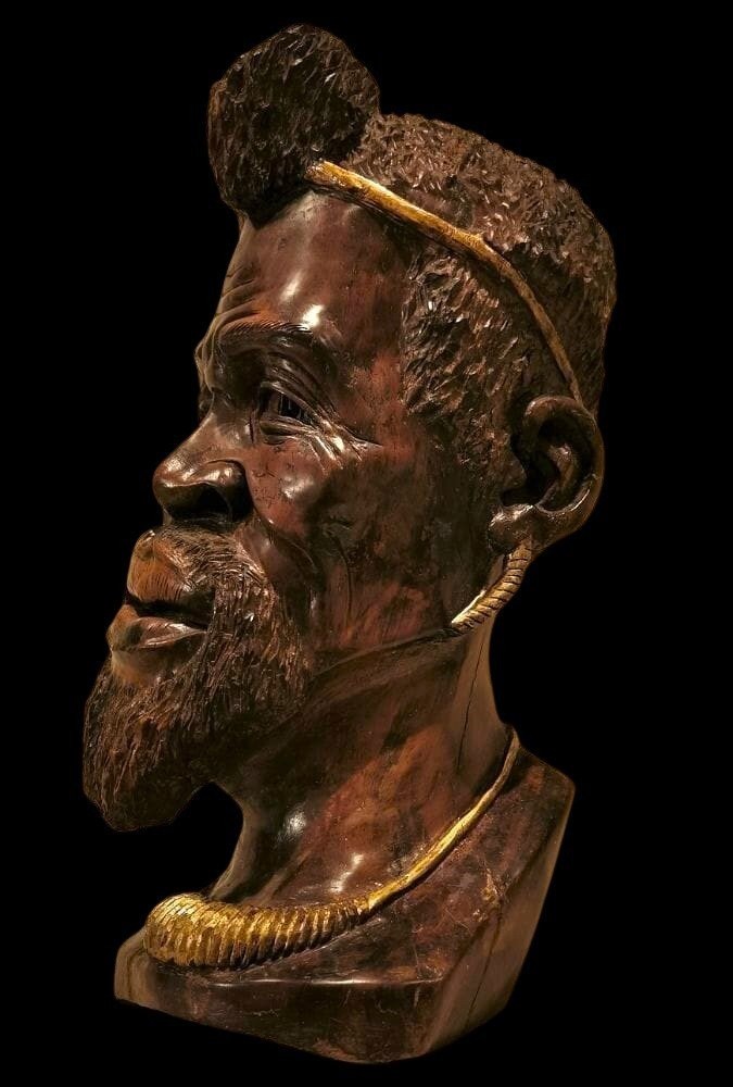 Large 19th Century Wooden Sculpture: African Head With Golden Decor-photo-3