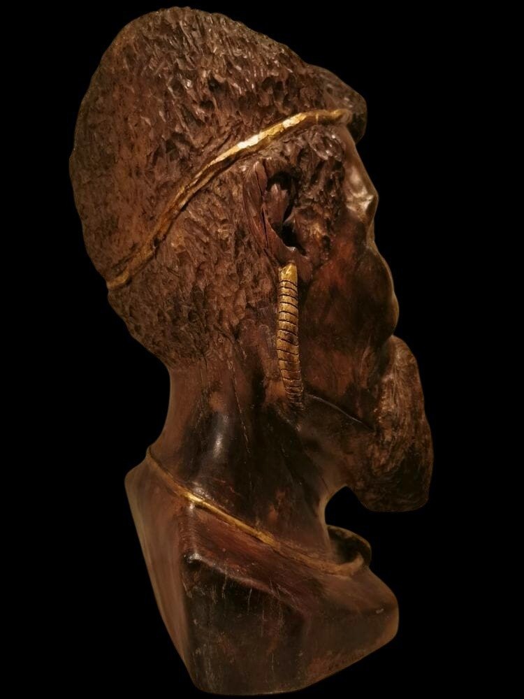 Large 19th Century Wooden Sculpture: African Head With Golden Decor-photo-2