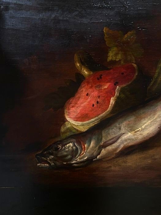 Huile Sur Bois 19ème Siècle Nature Morte Avec Pastèque, Merlu Et Citron-photo-2
