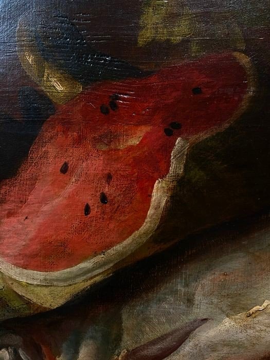 Huile Sur Bois 19ème Siècle Nature Morte Avec Pastèque, Merlu Et Citron-photo-3