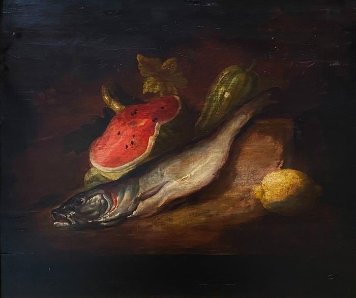 Huile Sur Bois 19ème Siècle Nature Morte Avec Pastèque, Merlu Et Citron-photo-4
