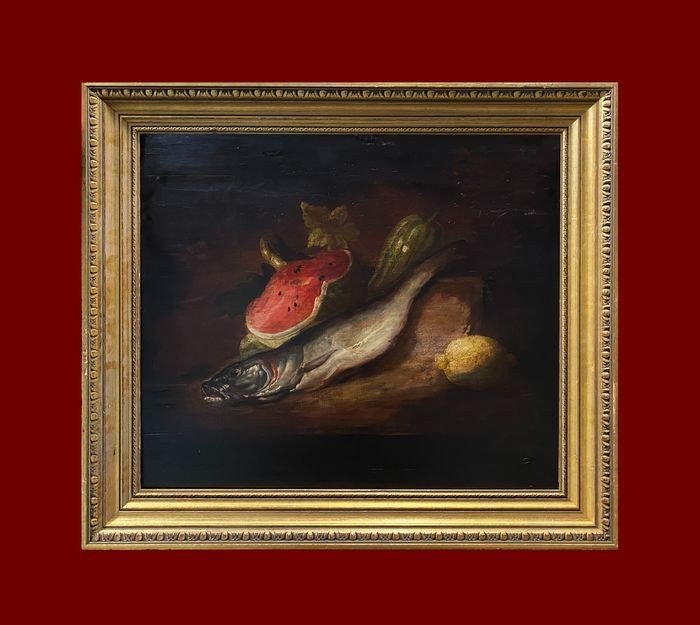 Huile Sur Bois 19ème Siècle Nature Morte Avec Pastèque, Merlu Et Citron-photo-3