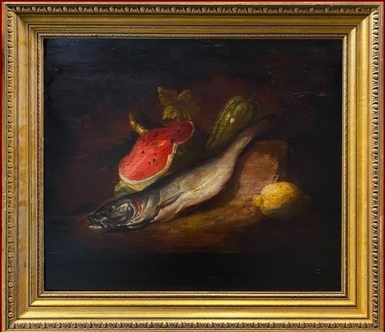 Huile Sur Bois 19ème Siècle Nature Morte Avec Pastèque, Merlu Et Citron