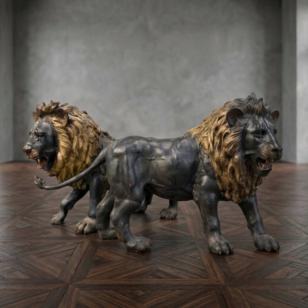Paire de lions en bronze fin XIXe siècle provenant d'une villa ancienne-photo-2