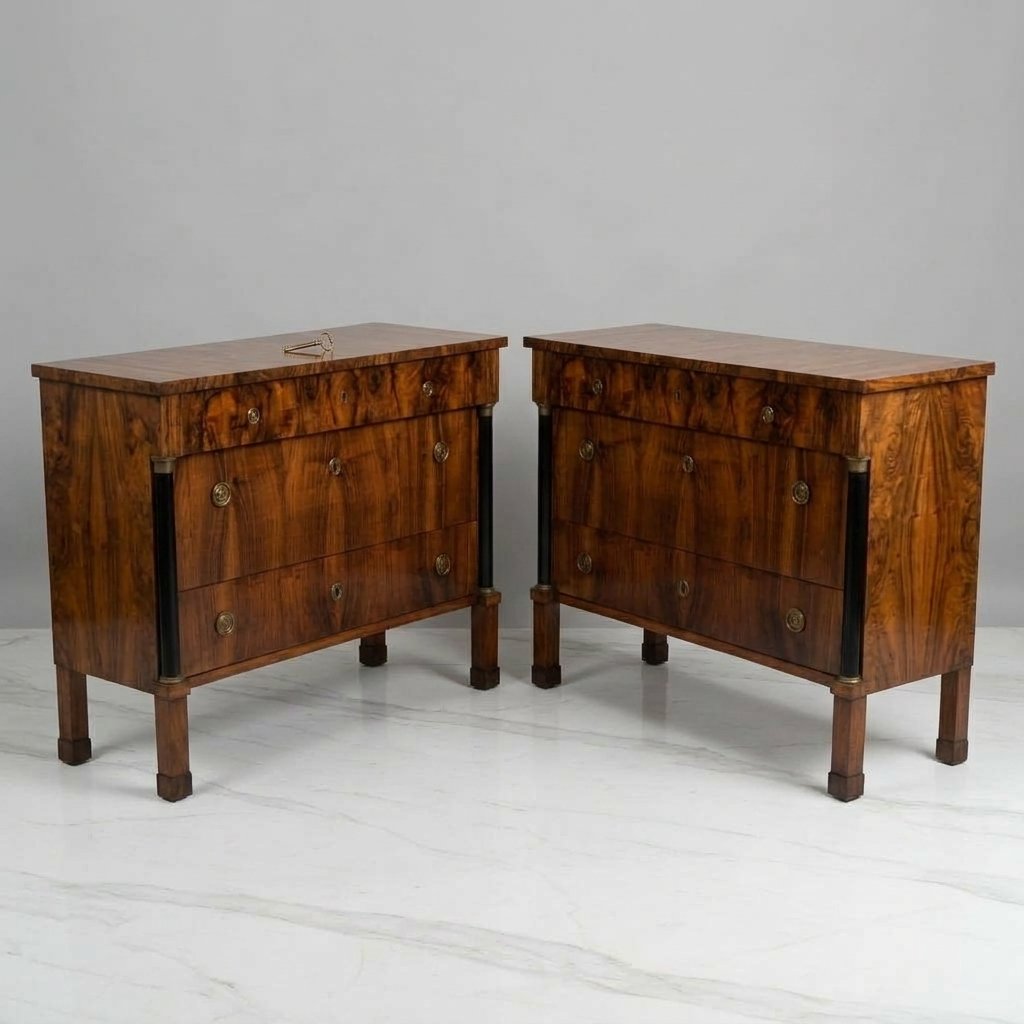 Pair de Commodes 1820 Empire plaquées en noyer-photo-1