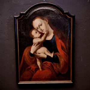 Huile Sur Toile 16ème Siècle Madonna Avec l'Enfant ècole Flamand