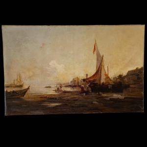 Huile Sur Toile Marine Avec La Lagune De Venise, datè 1877