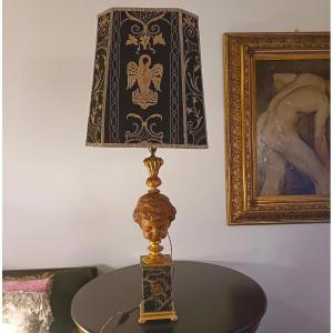 Lampe de table en bois sculpté avec base peinte imitation marbre – XVIIIᵉ siècle