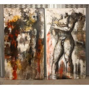 Paire d’huiles sur toile – Nu figuratif art moderne signé 1960/70