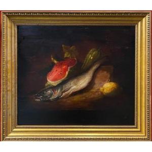 19th-century Oil Painting: Still Life With Watermelon, Cod, And Lemon