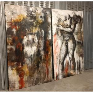 Paire d’huiles sur toile – Nu figuratif art moderne signé 1960/70
