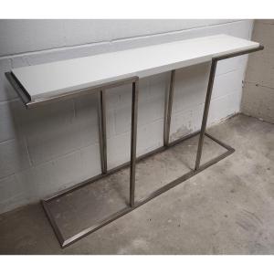 Console en acier avec plateau laqué blanc crème vintage style Guy Lefevre pour Maison Jansen 80