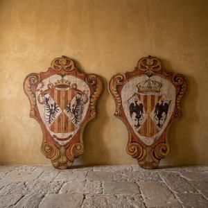 Pair Of Painted Wooden Coats Of Arms From The 20th Century