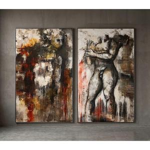 Pair Of Oil-on-canvas Paintings: Abstract Figurative Nudes, Modern Art, Signed, 1960s–1970s