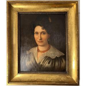 Oil On Canvas, Portrait, Woman Adorned With A Coral Necklace