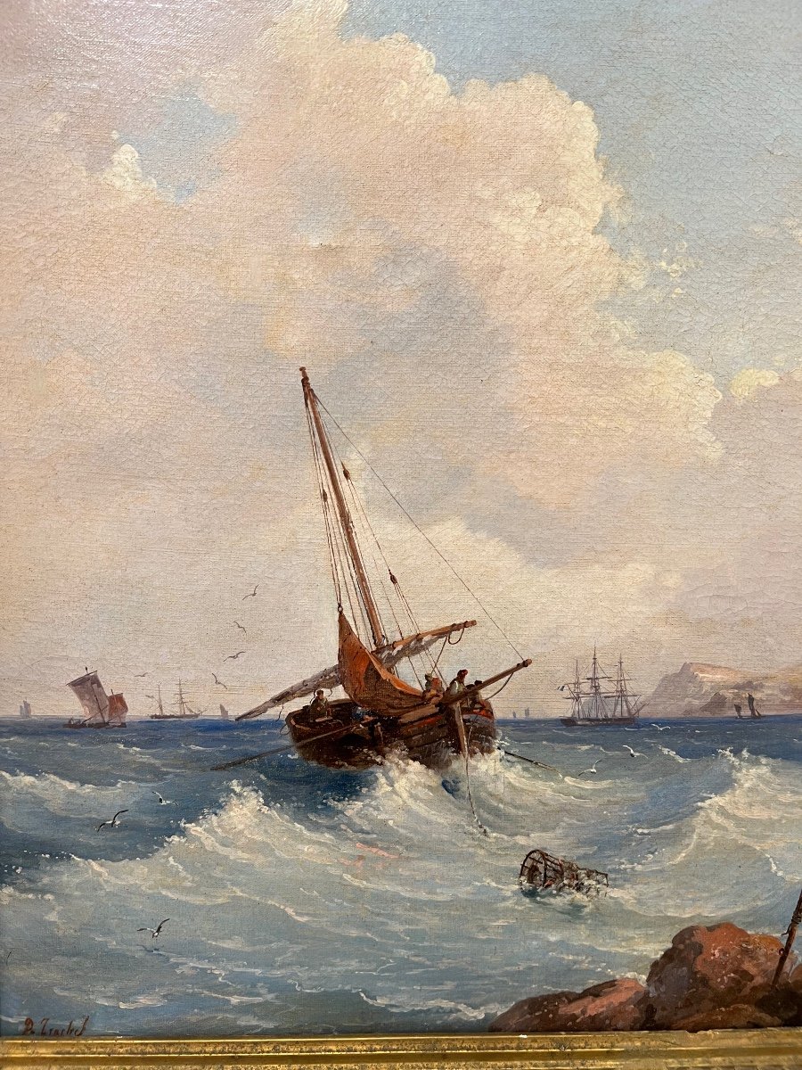 Fishermen Near The Coast Of Nice, Oil On Canvas By Dominique Trachel-photo-2
