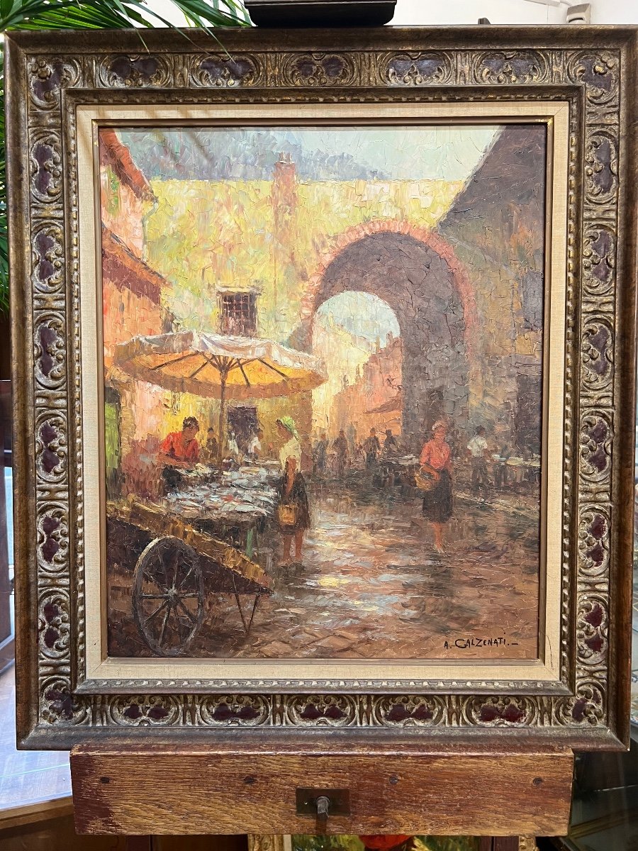 André Galzenati , Le Marché Aux Poissons Au Cours Saleya à Nice 