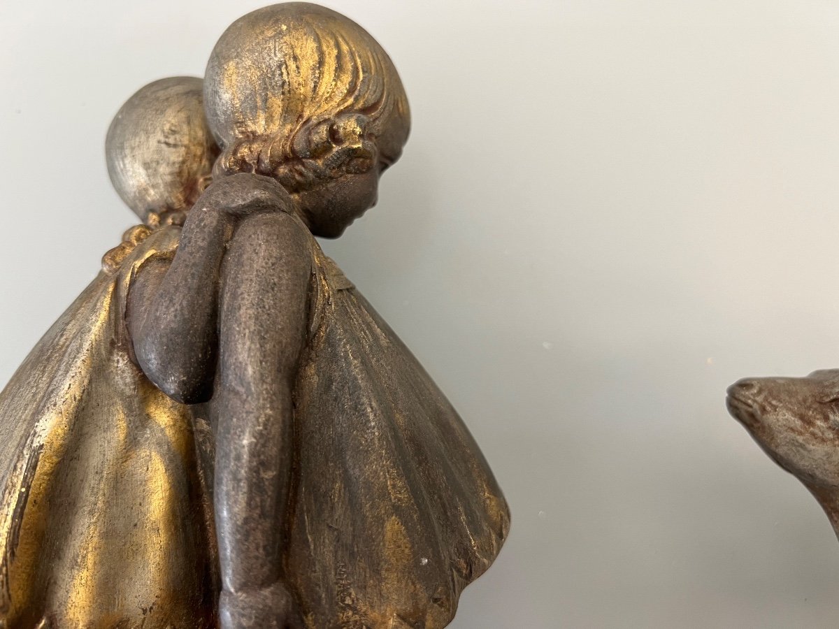 Chiparus : « les Deux Fillettes Et Le Chevreau « , Sculpture En Métal Patiné -photo-4