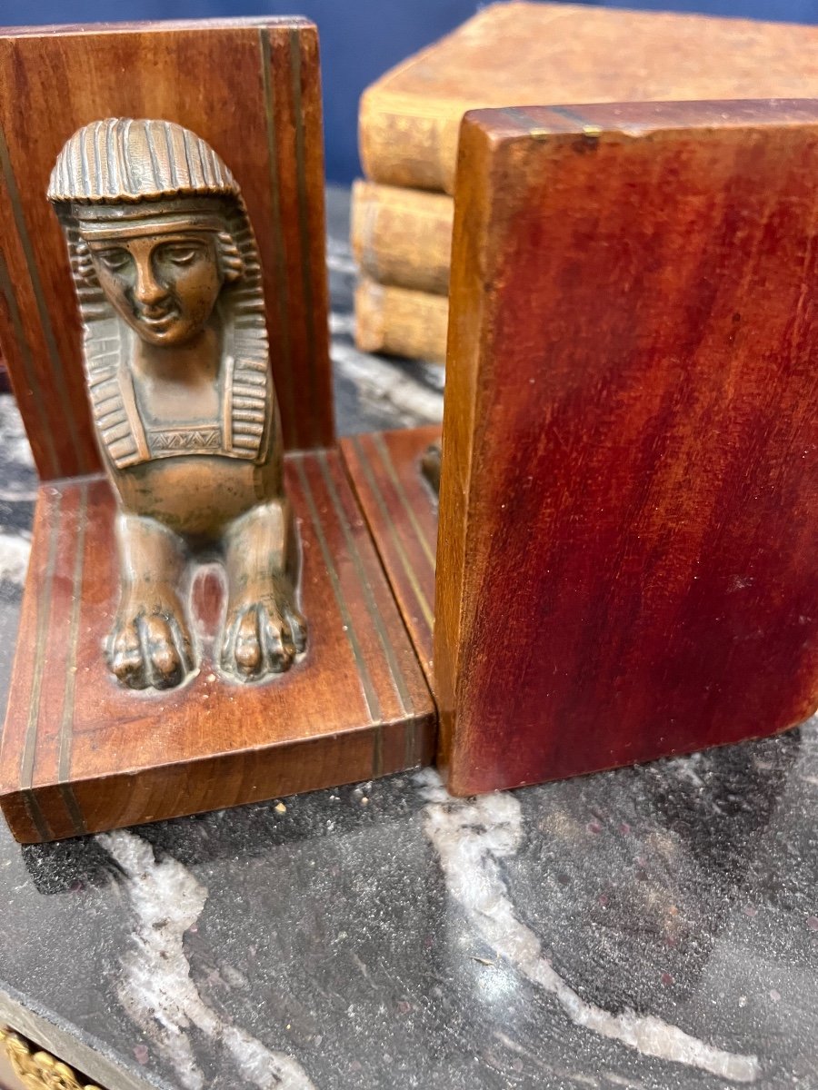 Pair Of Return From Egypt Bookends In Bronze And Wood-photo-1