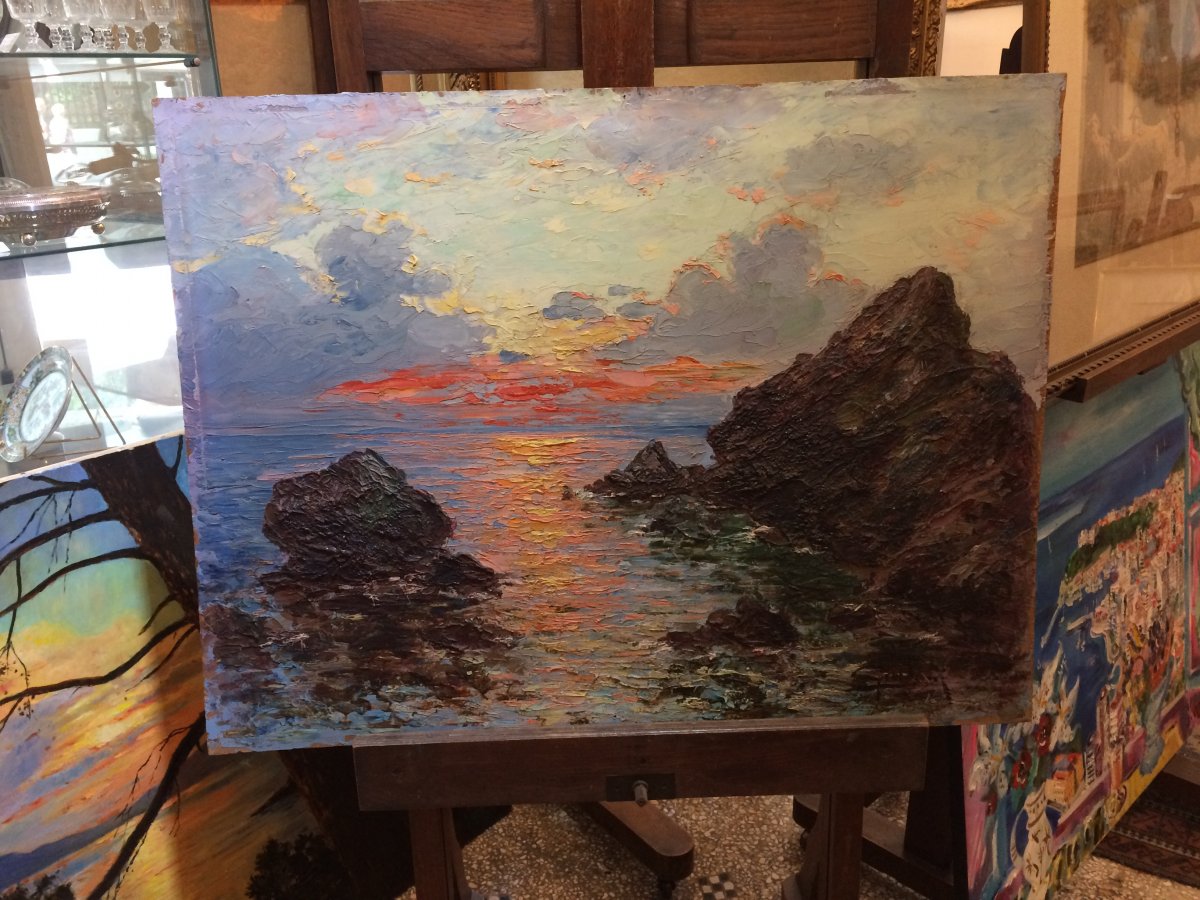 Italo Giordani, Grand Marine At Sunset, Oil On Panel 65x85 Cm-photo-2