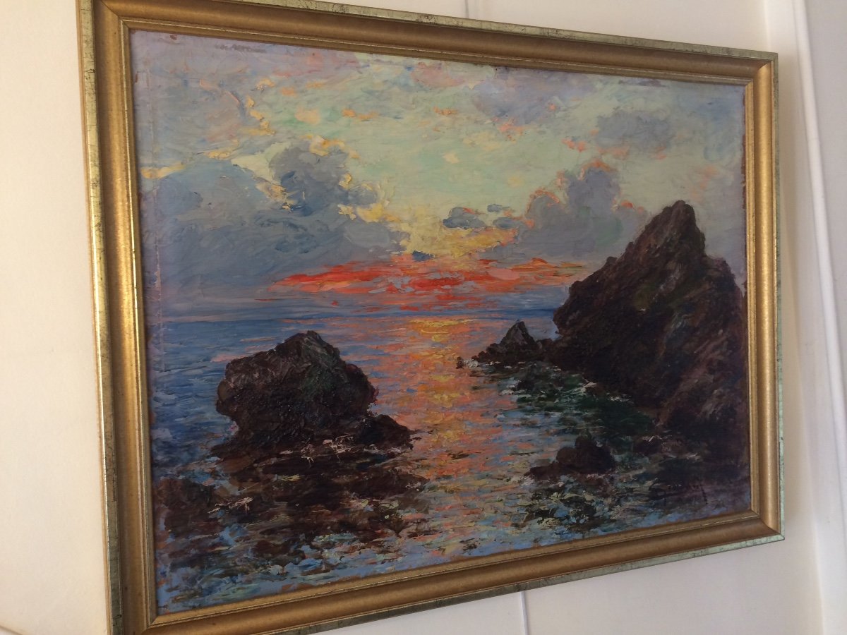 Italo Giordani, Grand Marine At Sunset, Oil On Panel 65x85 Cm-photo-1