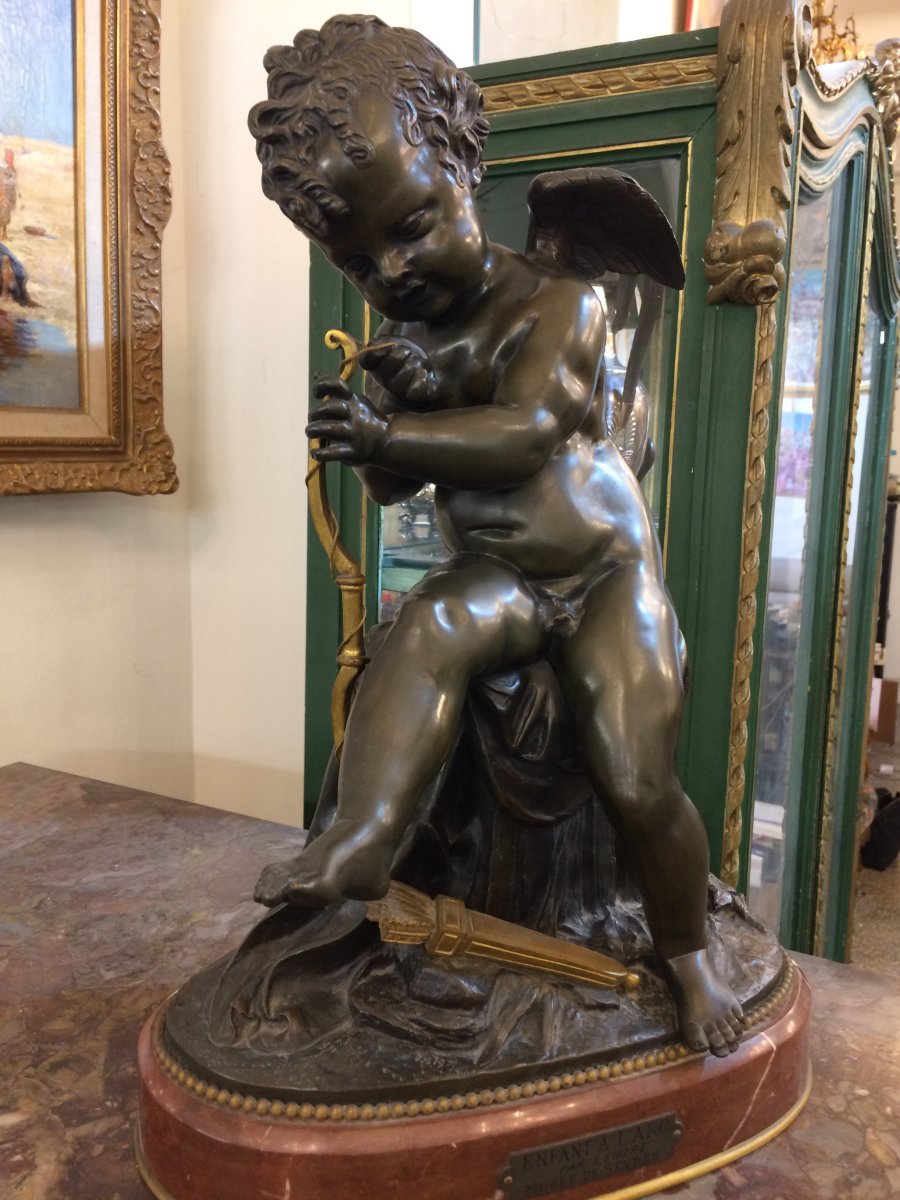 Love Putting A String To Its Bow: Bronze By Charles Gabriel Lemire, French Sculptor-photo-3
