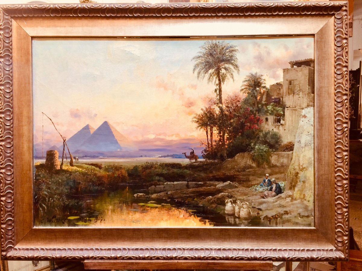 Coucher De Soleil Sur Les Pyramides En Égypte, Huile/toile De Carl Wuttke,peintre Orientaliste -photo-2