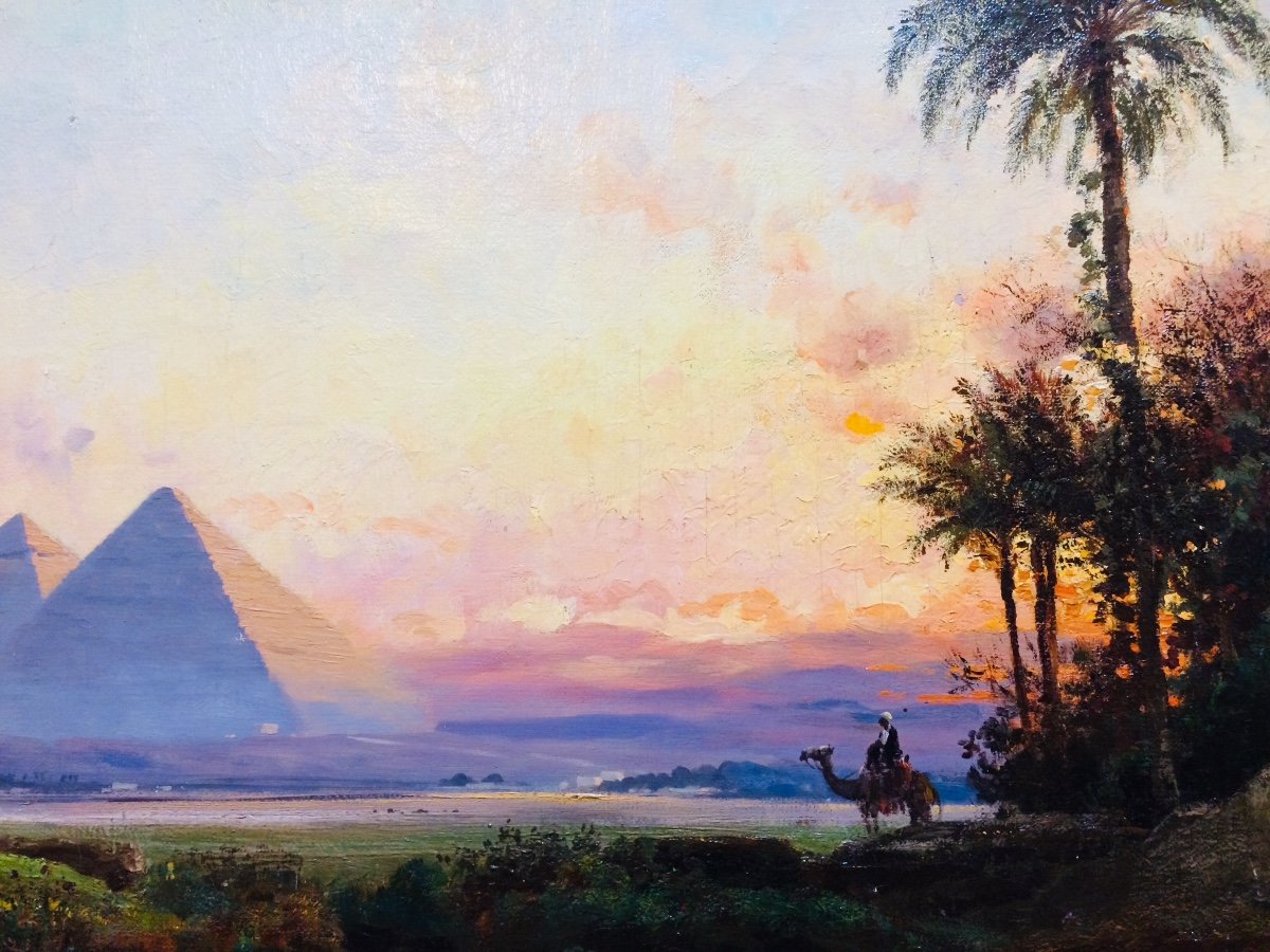 Coucher De Soleil Sur Les Pyramides En Égypte, Huile/toile De Carl Wuttke,peintre Orientaliste -photo-2