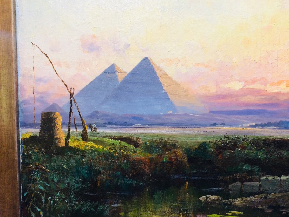 Coucher De Soleil Sur Les Pyramides En Égypte, Huile/toile De Carl Wuttke,peintre Orientaliste -photo-3