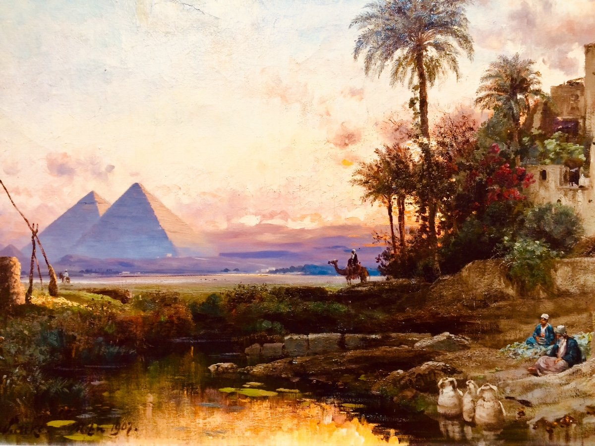 Coucher De Soleil Sur Les Pyramides En Égypte, Huile/toile De Carl Wuttke,peintre Orientaliste 