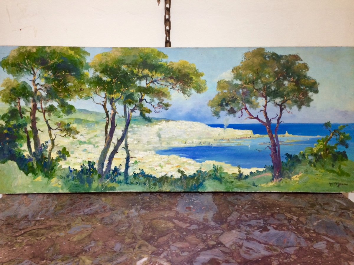 Paul Fenasse, Orientalist Painter: The Bay Of Algiers, Oil On Canvas 40 X 100 Cm