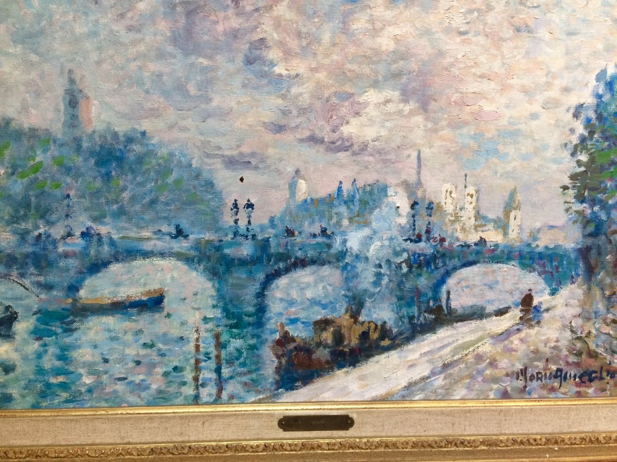 Paris, The Seine And Notre Dame: Merio Ameglio, Impressionist Oil On Canvas-photo-2