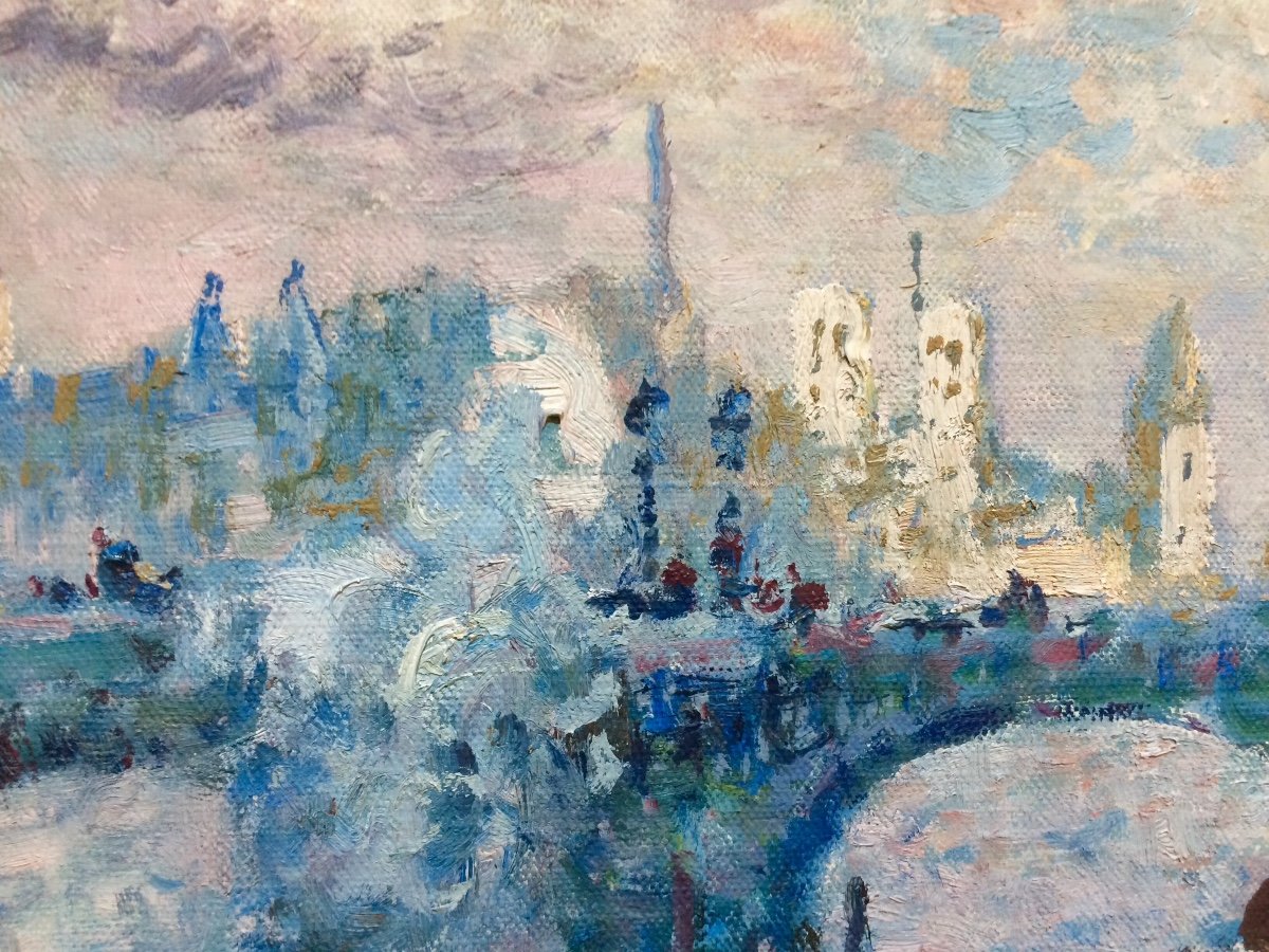 Paris, The Seine And Notre Dame: Merio Ameglio, Impressionist Oil On Canvas-photo-4