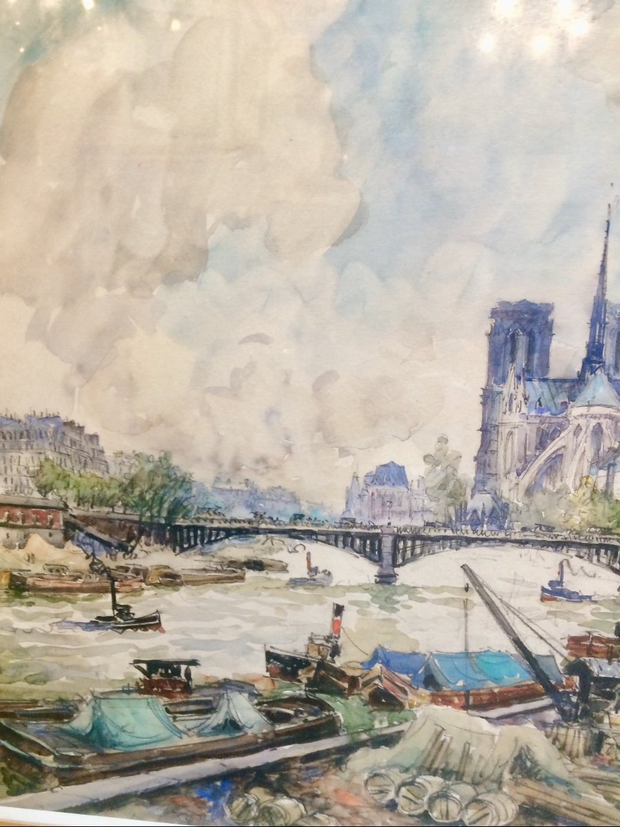 Frank-will : grande Aquarelle De Notre Dame De Paris Et Les Quais De Seine -photo-2