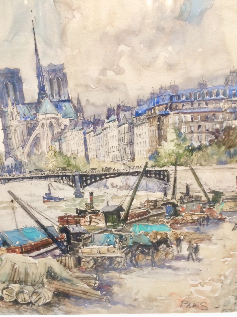 Frank-will : grande Aquarelle De Notre Dame De Paris Et Les Quais De Seine -photo-3