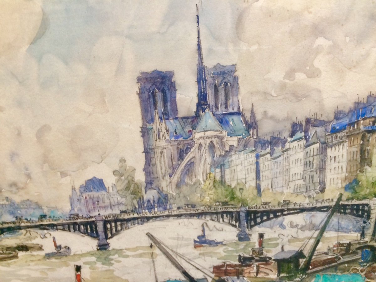 Frank-will : grande Aquarelle De Notre Dame De Paris Et Les Quais De Seine -photo-1