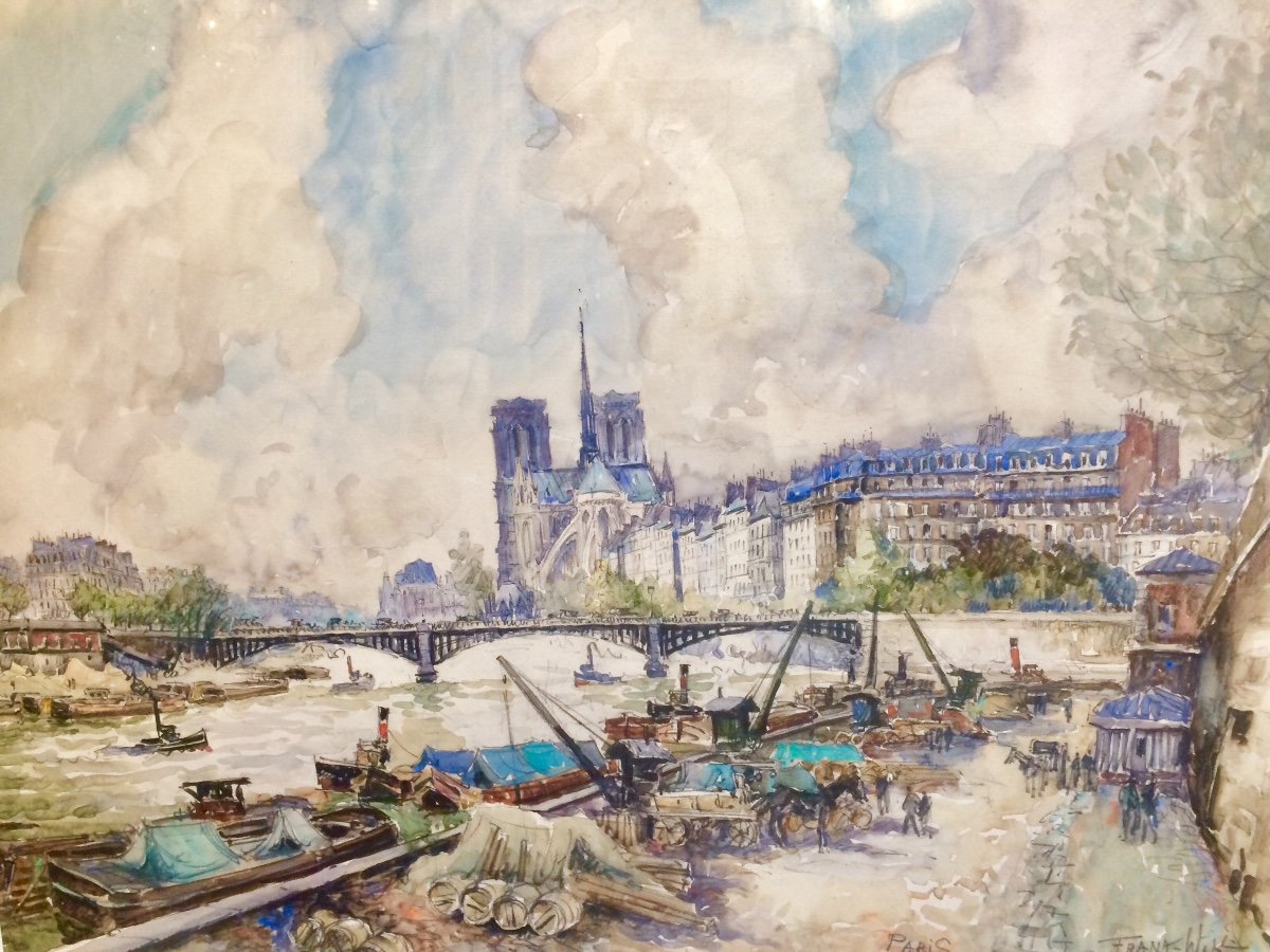 Frank-will : grande Aquarelle De Notre Dame De Paris Et Les Quais De Seine -photo-2
