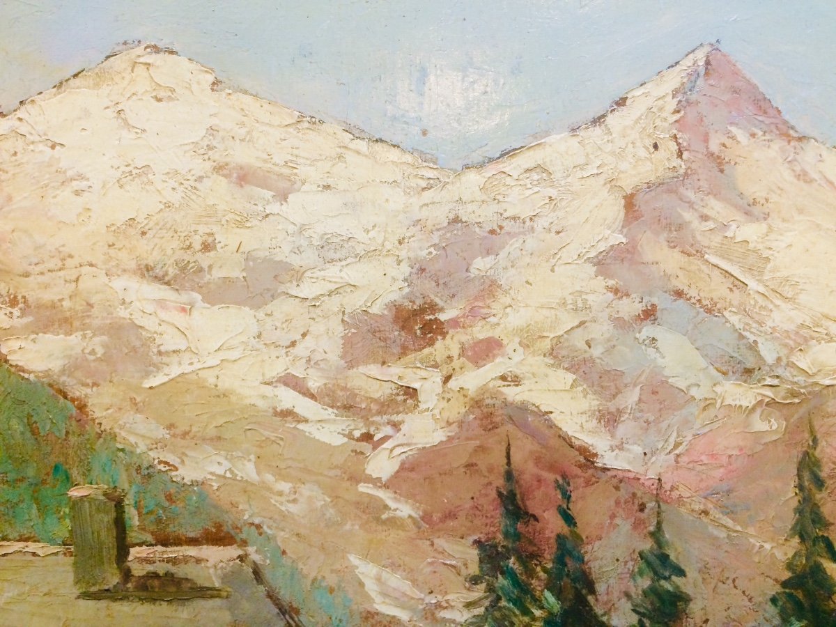  Clément Castelli, Peintre De Montagne. «  Chamonix, Le Mont Blanc « huile Sur Panneau 35x27 Cm-photo-3