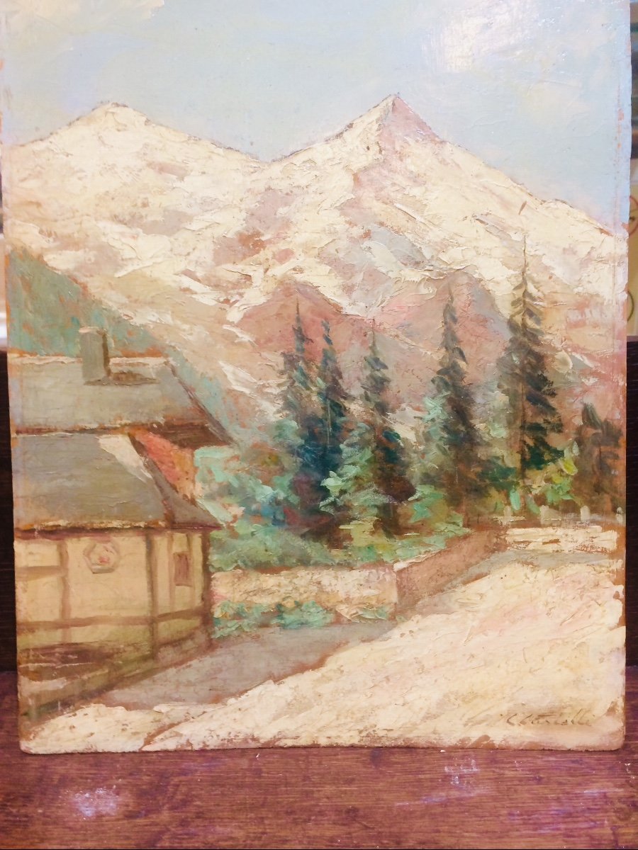  Clément Castelli, Peintre De Montagne. «  Chamonix, Le Mont Blanc « huile Sur Panneau 35x27 Cm