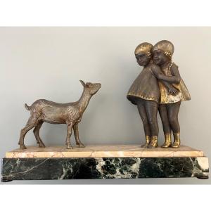 Chiparus : « les Deux Fillettes Et Le Chevreau « , Sculpture En Métal Patiné 