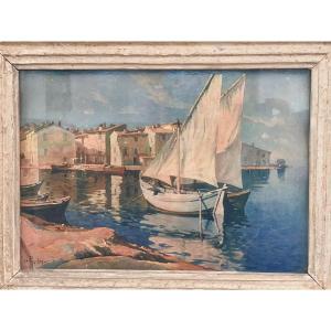 View Of Martigues: Watercolor By Antoine Ponchin, Painter, Born In Marseille, Student Of Jbolive