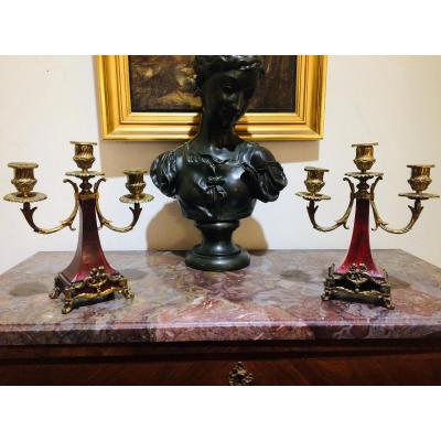 Pair Of Candlesticks With Three Candles In Bronze