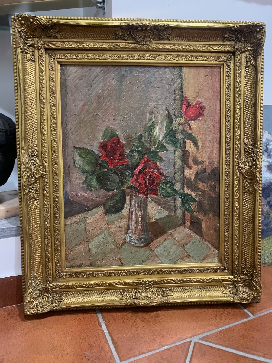 Oscar  Saccorotti - Still Life, Vase With Red Roses