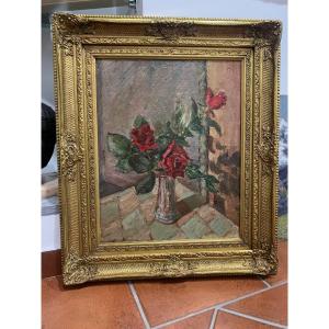 OSCAR SACCOROTTI - Nature morte, vase aux roses rouges