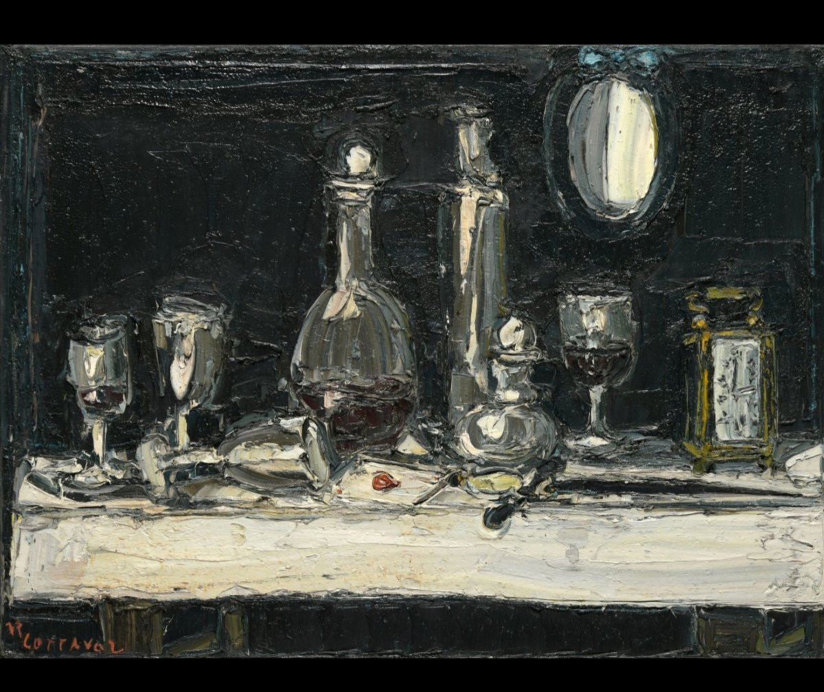 André Cottavoz, "black Still Life", Large Oil On Canvas, Signed. -photo-2