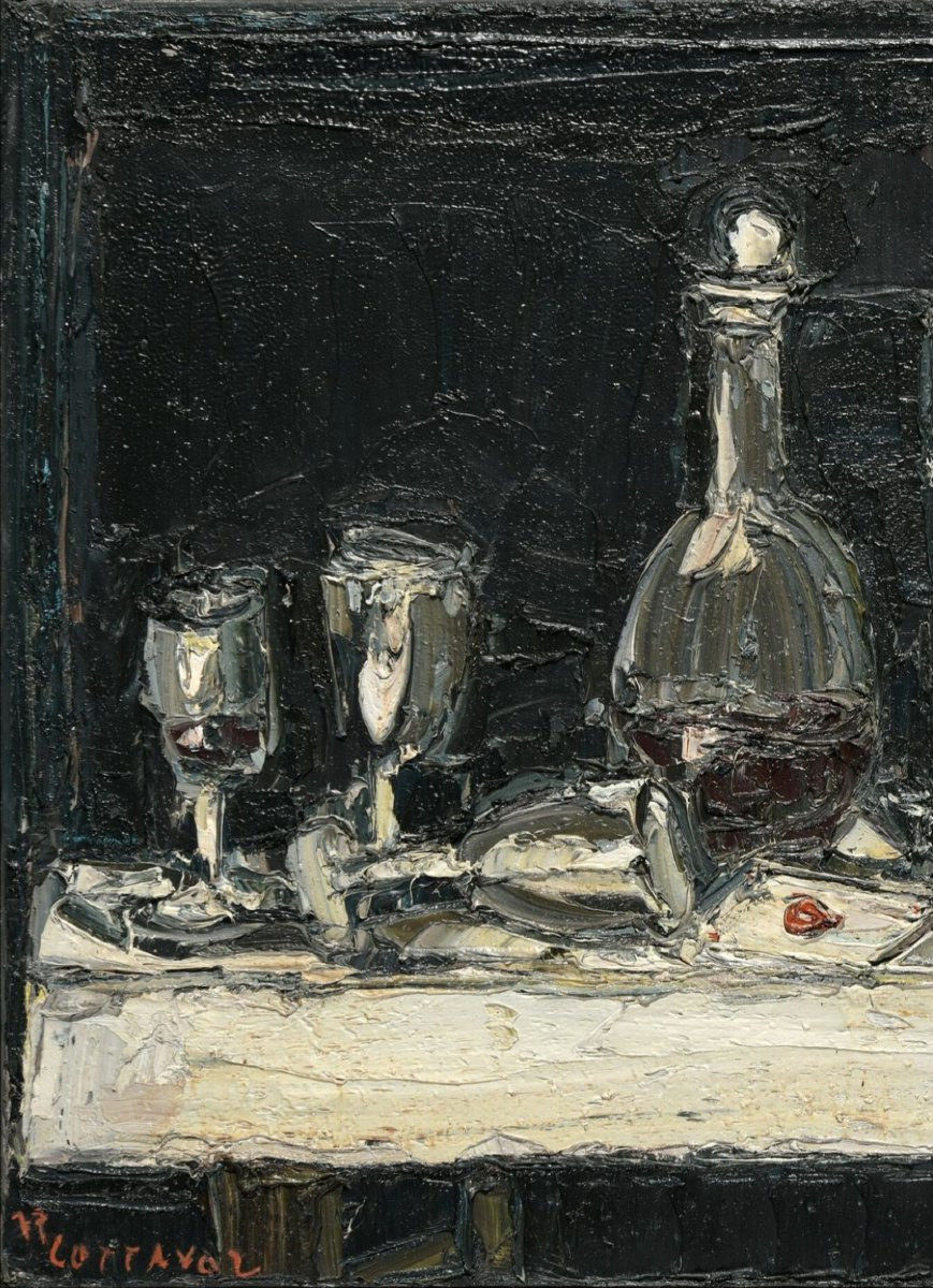 André Cottavoz, "black Still Life", Large Oil On Canvas, Signed. -photo-1